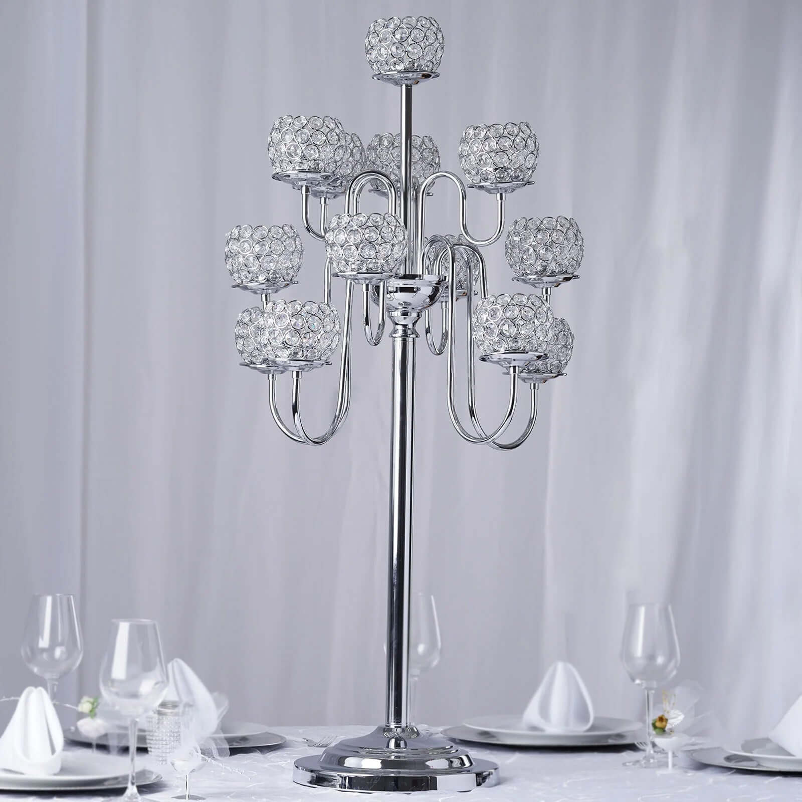 Metal Crystal Beaded Candelabra 40" Silver 13 Arm Design - Table Centerpiece for Events